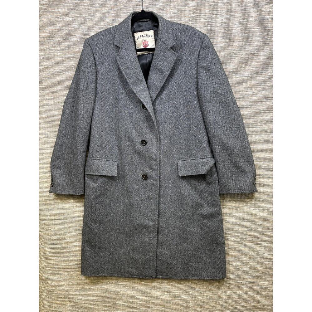 Vintage Alpacuna Coat Mens Large Gray Wool Herringbone Overcoat Hughes & Hatcher